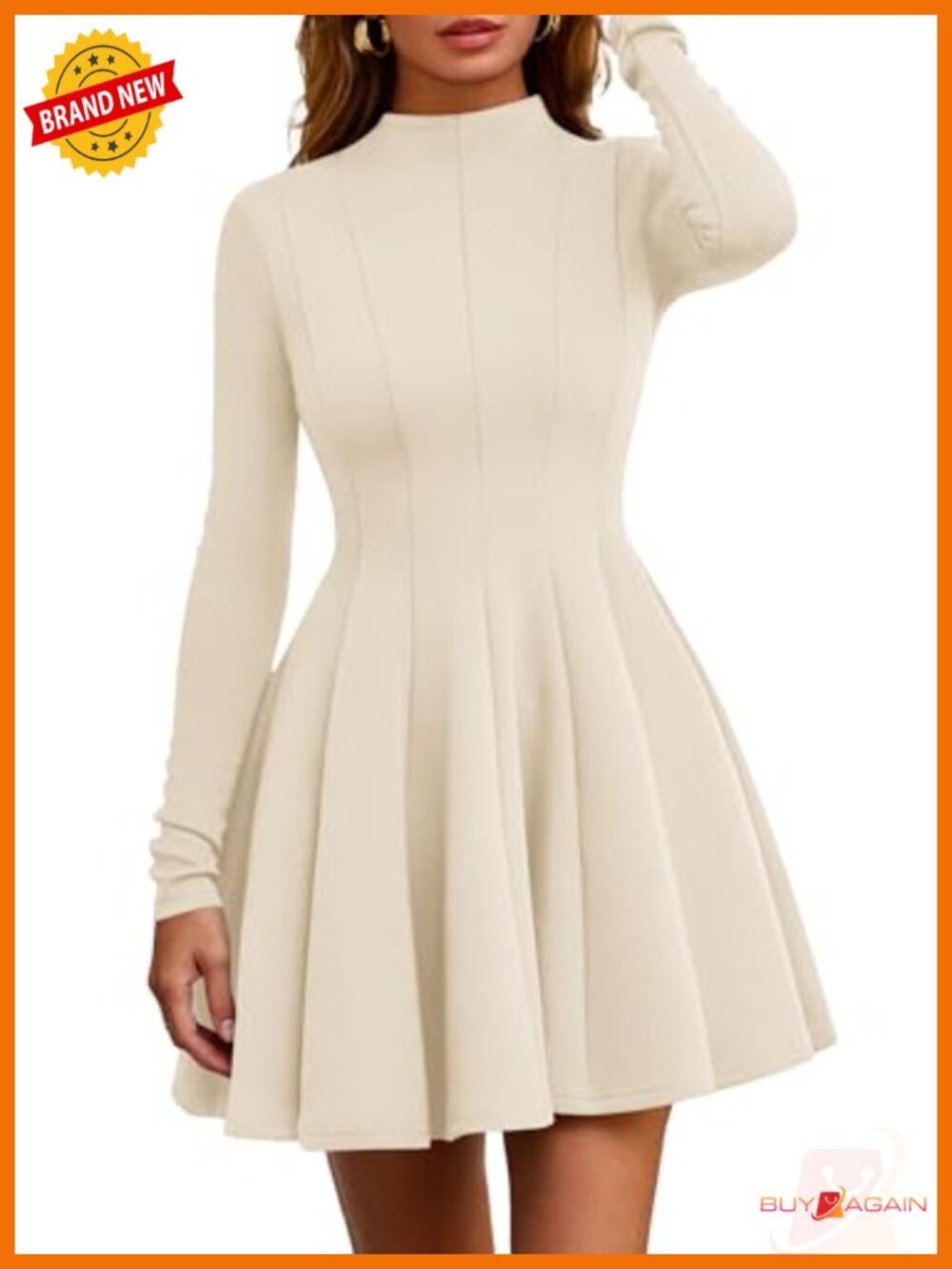 Women Long Sleeve Fit Flare Mini Dress Crew Neck Ruffled Hem